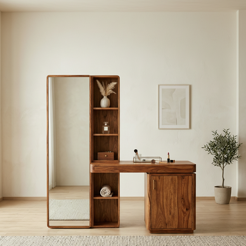 Oscar Sheesham Wood Dressing Table with Mirror and Storage (Honey Finish)