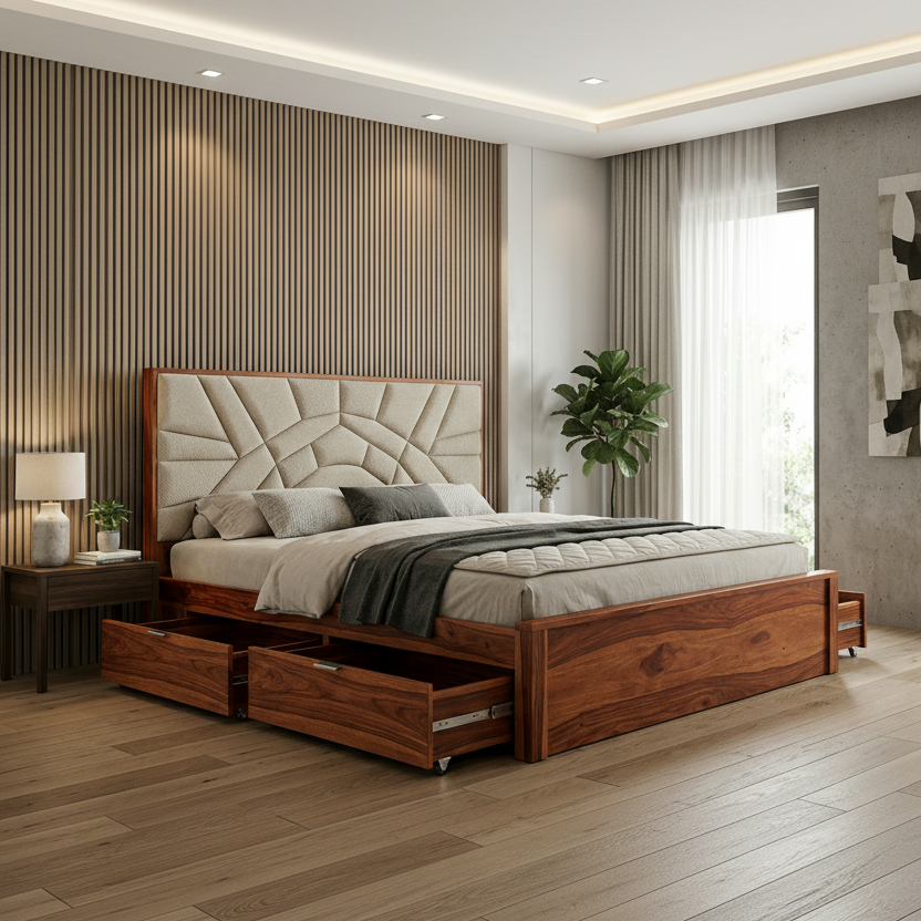 Jasper Premium Sheesham Wood Bed with Fabric Headboard