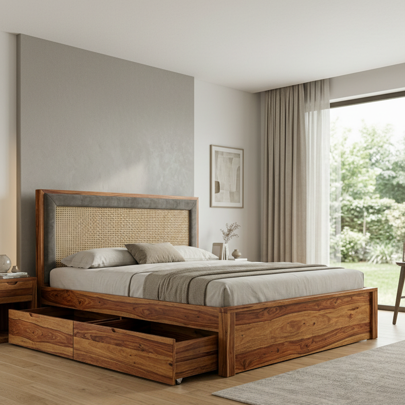 Byron Premium Sheesham Wood Bed with Cane and Fabric Headboard