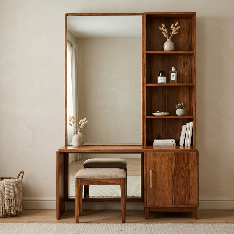 Joshua Sheesham Wood Dressing Table with Mirror and Storage (Honey Finish)