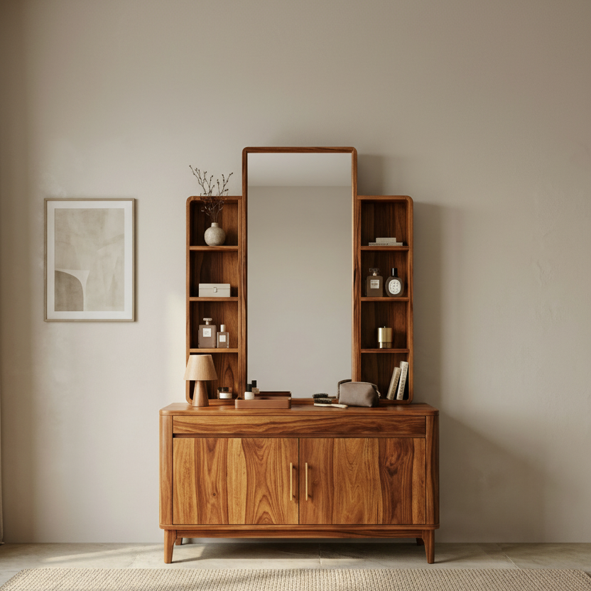 Mason Sheesham Wood Dressing Table with Mirror and Storage (Honey Finish)