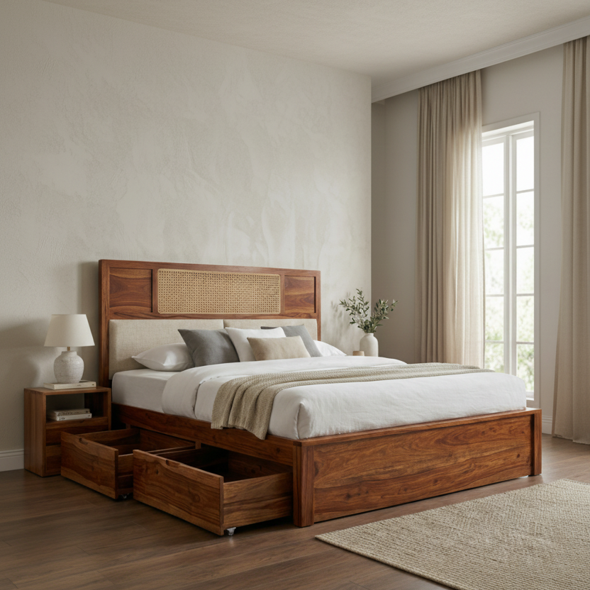 Carter Premium Sheesham Wood Bed with Cane and Fabric Headboard