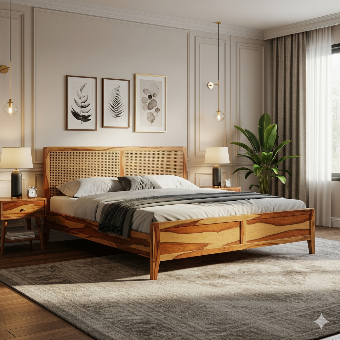 Malik Sheesham Wood & Cane Bed – Honey Finish