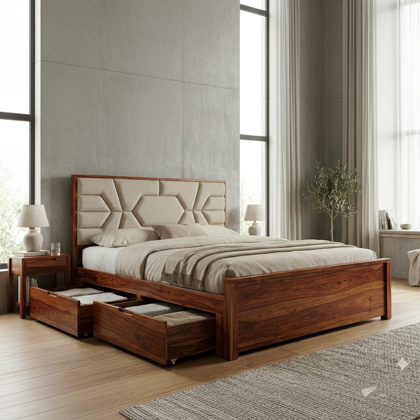 Fraser Premium Sheesham Wood Bed with Fabric Headboard