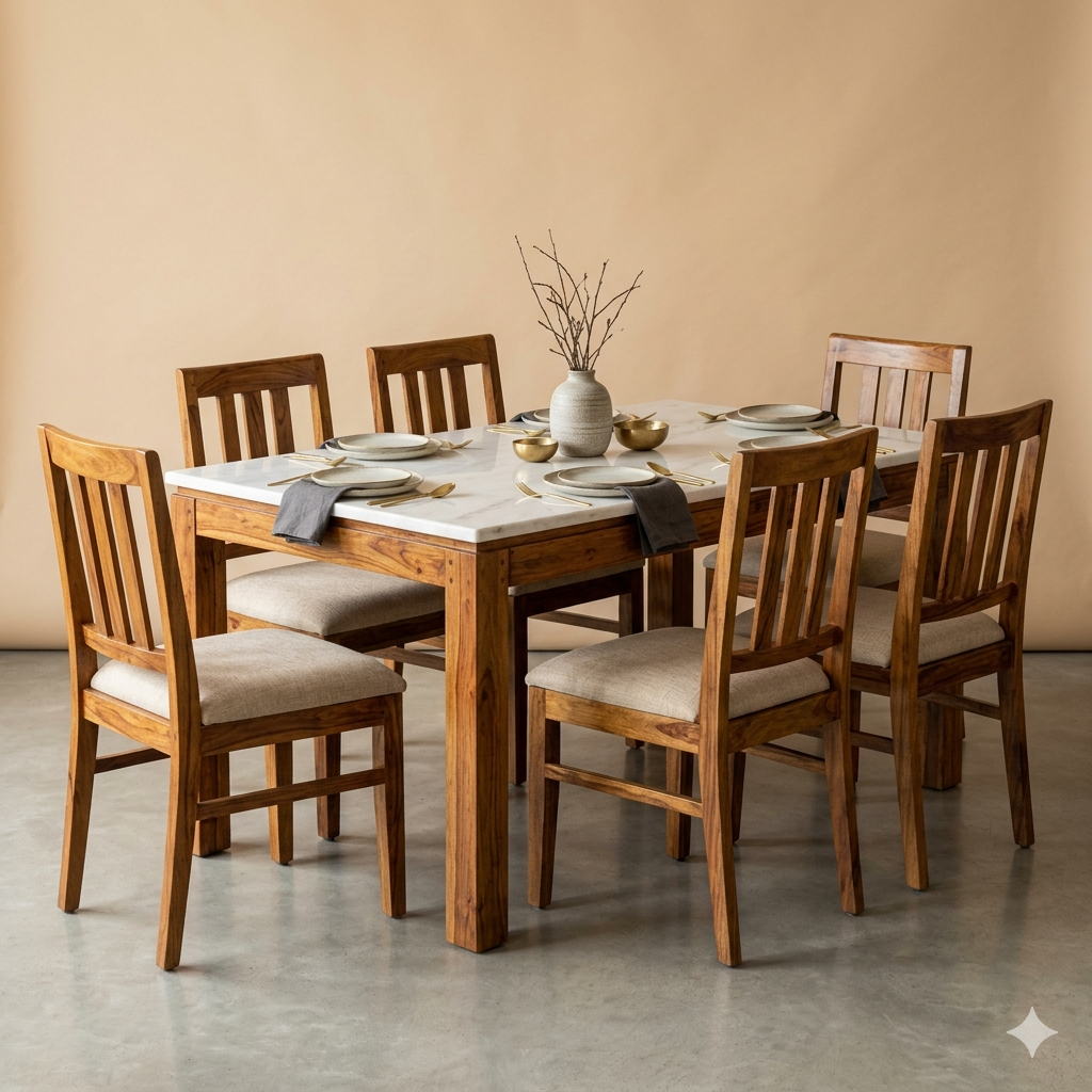 Popov Solid Sheesham Wood 6 Seater Dining Table Set