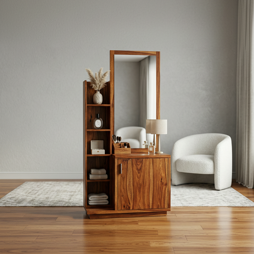 Amelia Sheesham Wood Dressing Table with Mirror and Storage (Honey Finish)