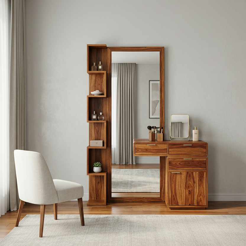 Oliver Sheesham Wood Dressing Table with Mirror and Storage (Honey Finish)