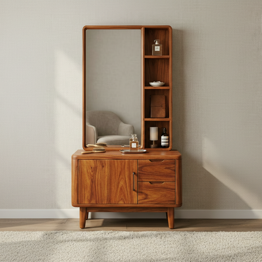Mia Sheesham Wood Dressing Table with Mirror and Storage (Honey Finish)