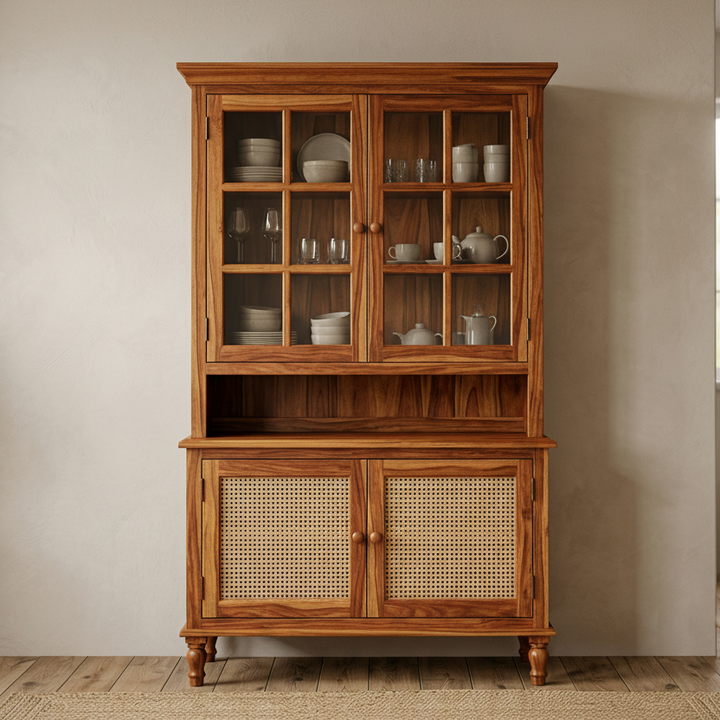 Whaitiri Classic Kitchen Cabinet with Glass Cane Weave (Honey Finish)
