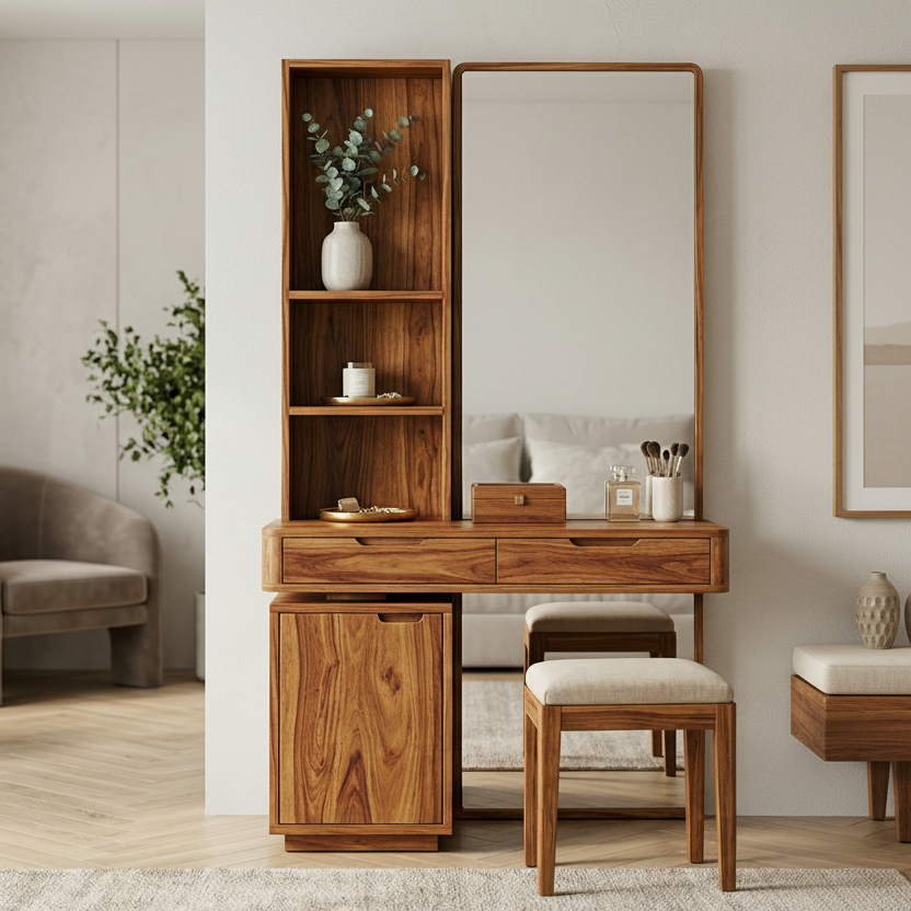 Jordan Sheesham Wood Dressing Table with Mirror and Storage (Honey Finish)