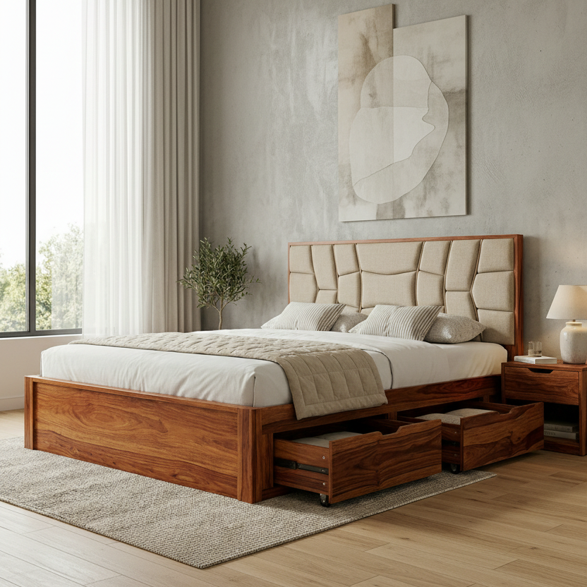 Harrison Premium Sheesham Wood Bed with Fabric Headboard