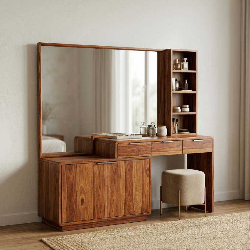 Lily Sheesham Wood Dressing Table with Mirror and Storage (Honey Finish)