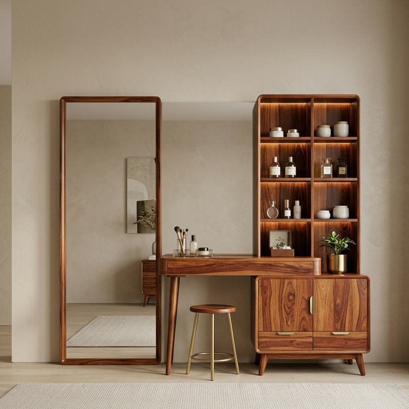 Henry Sheesham Wood Dressing Table with Mirror and Storage (Honey Finish)