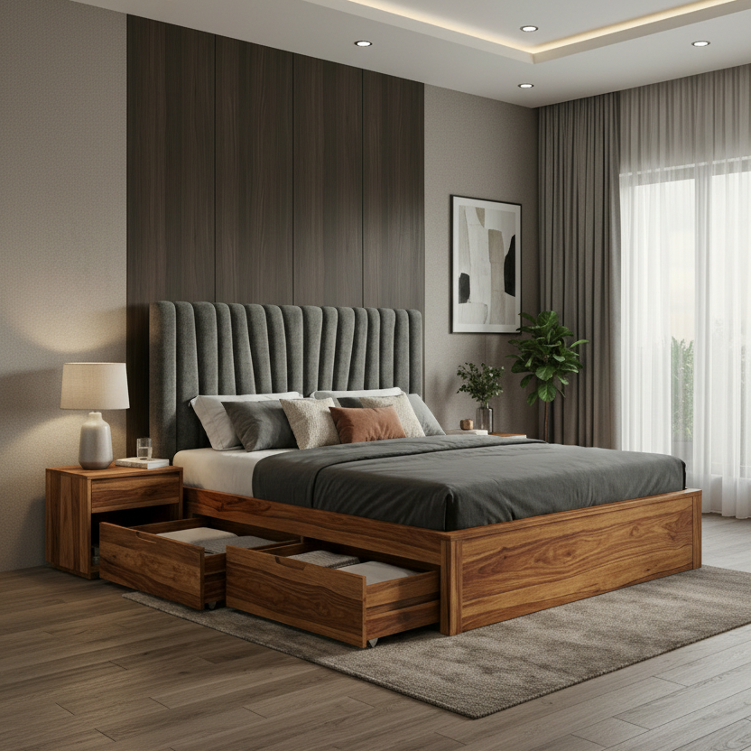 Eli Premium Sheesham Wood Bed with Fabric Headboard