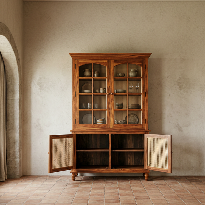 Wairua Classic Kitchen Cabinet with Glass Cane Weave (Honey Finish)