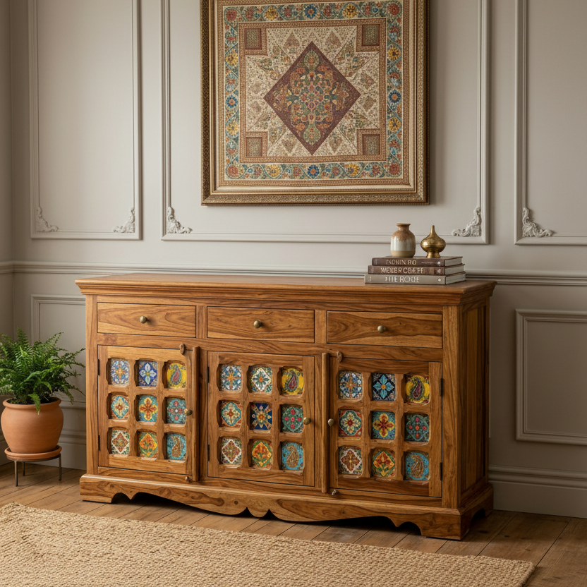 Keira Boho Sheesham Wood Storage Cabinet Sideboard With Three Drawers (Honey Finish)