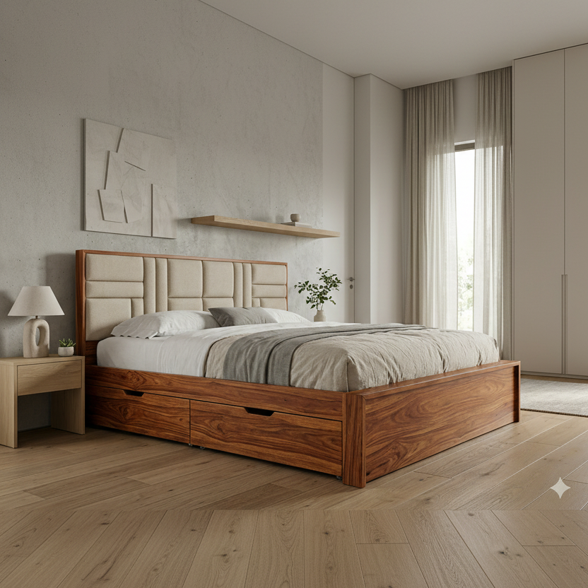 Jude Premium Sheesham Wood Bed with Fabric Headboard