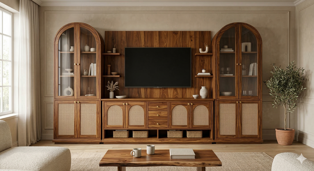 Henry Premium Solid Wood TV Unit with Cane Panel Cabinet