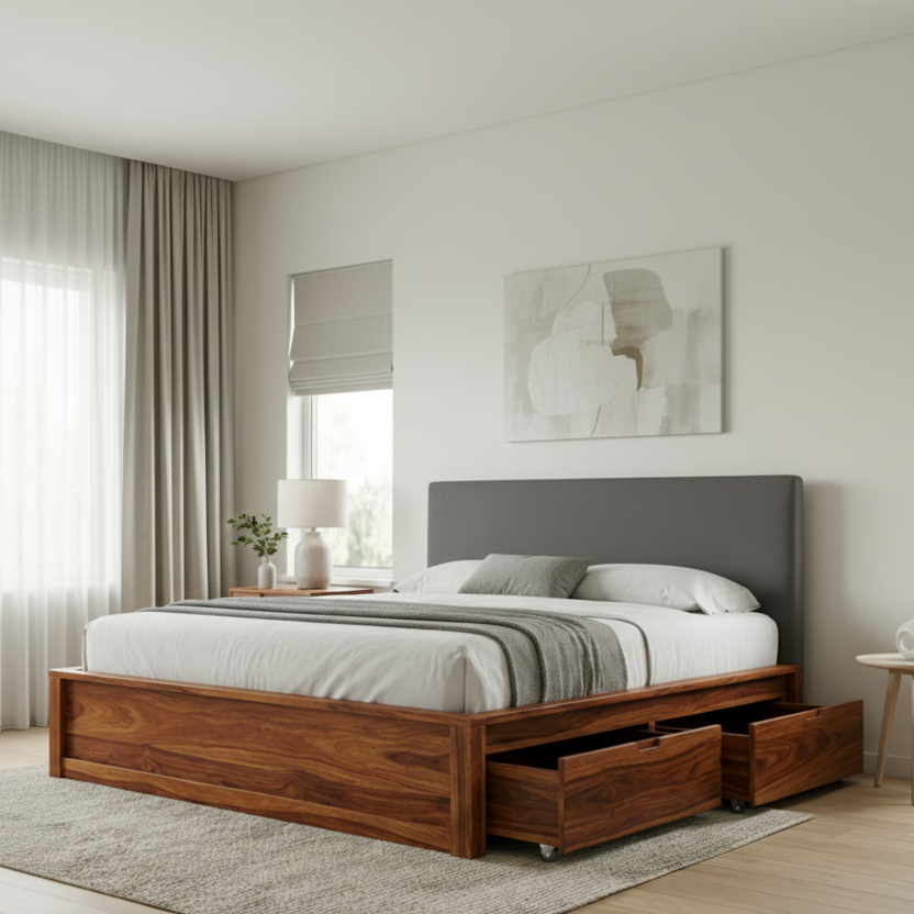Archie Premium Sheesham Wood Bed with Upholstered Headboard