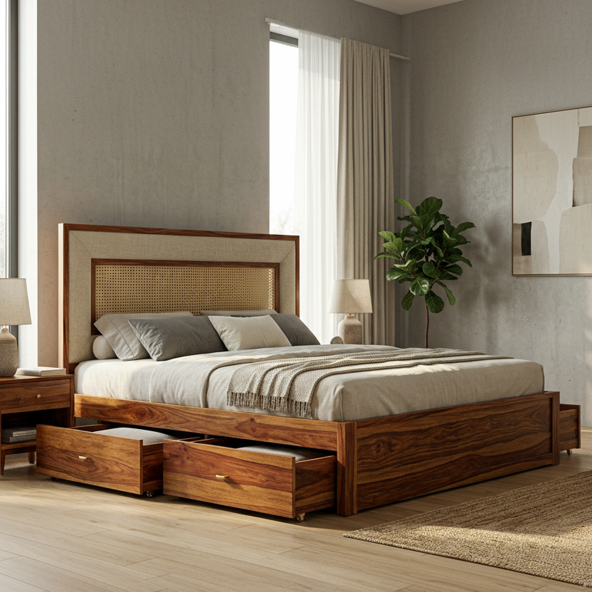 Cody Premium Sheesham Wood Bed with Cane and Fabric Headboard