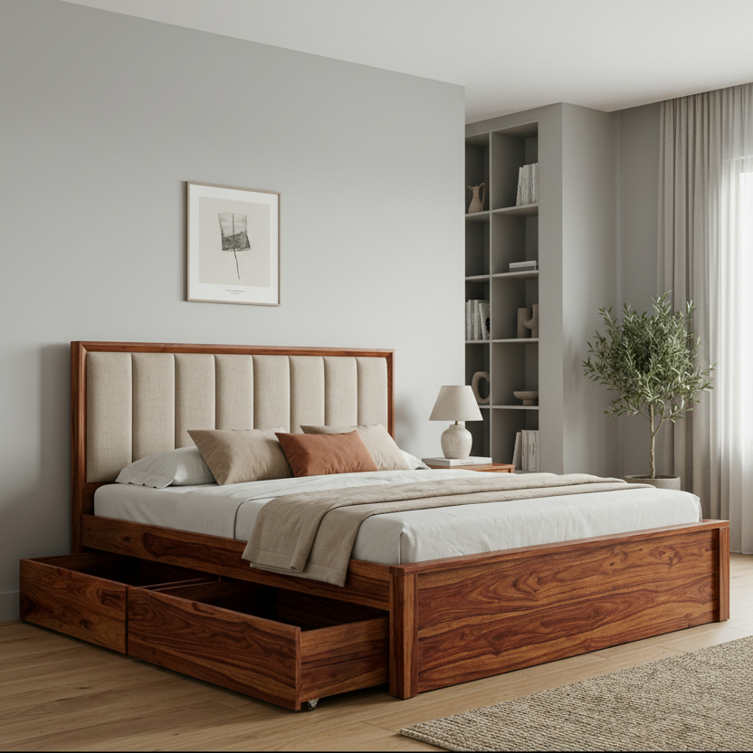 Austin Premium Sheesham Wood Bed with Upholstered Headboard