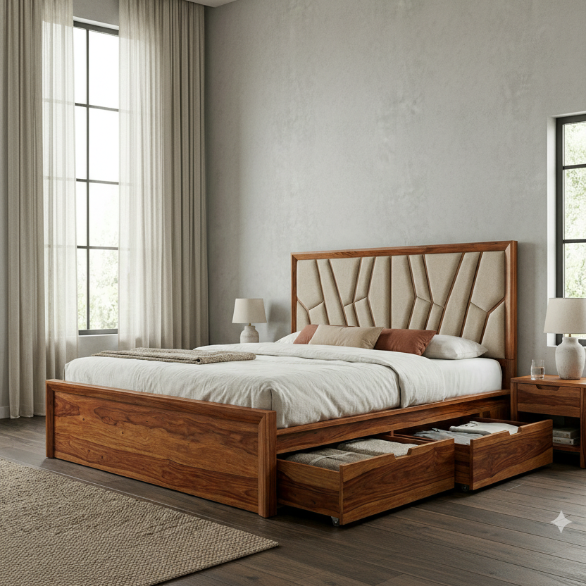 Reuben Premium Sheesham Wood Bed with Fabric Headboard