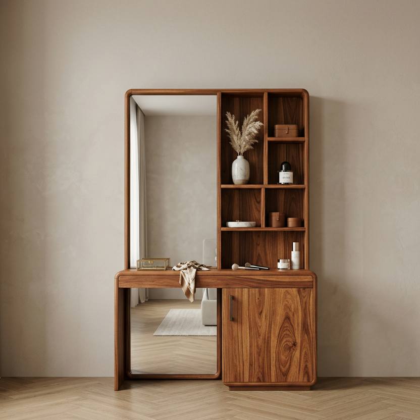 Archie Sheesham Wood Dressing Table with Mirror and Storage (Honey Finish)