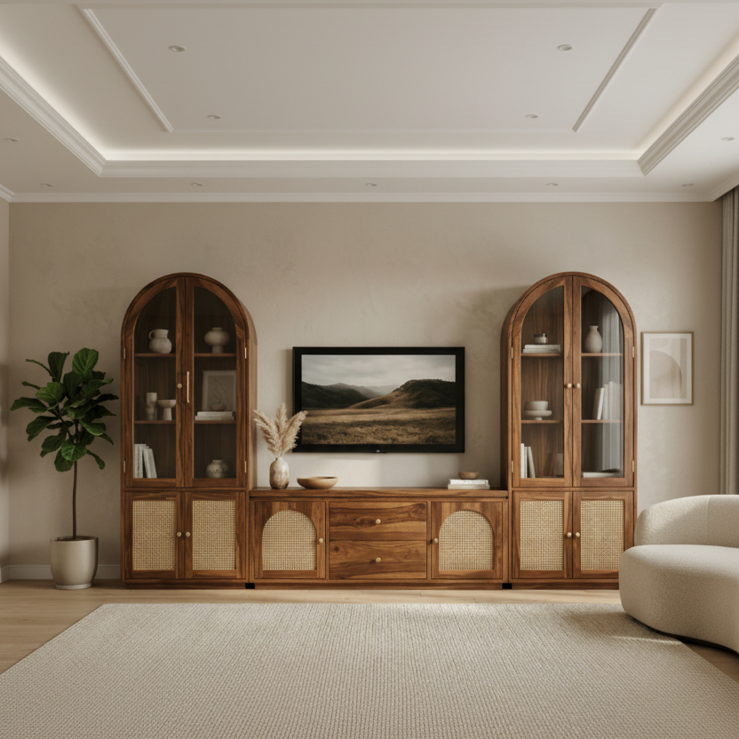 George Premium Solid Wood TV Unit with Cane Panel Cabinet
