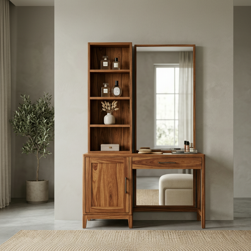 Theo Sheesham Wood Dressing Table with Mirror and Storage (Honey Finish)