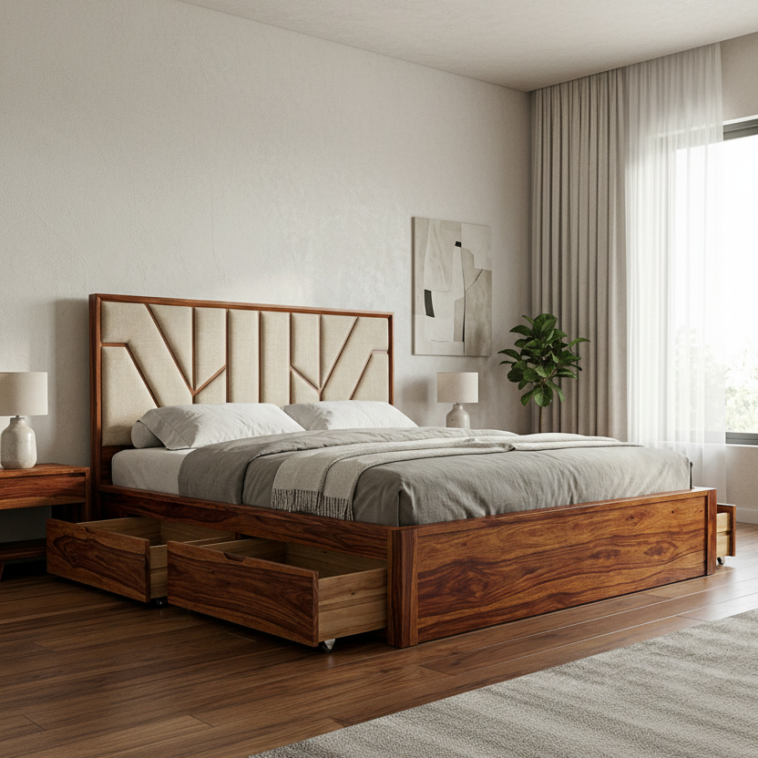 Louis Premium Sheesham Wood Bed with Fabric Headboard