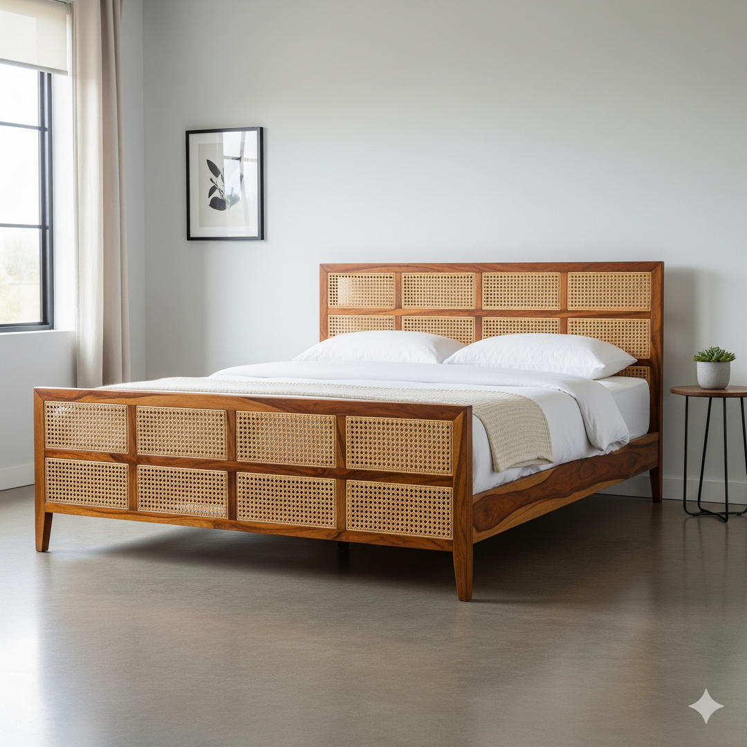 Sejal Sheesham Wood & Cane Bed – Honey Finish