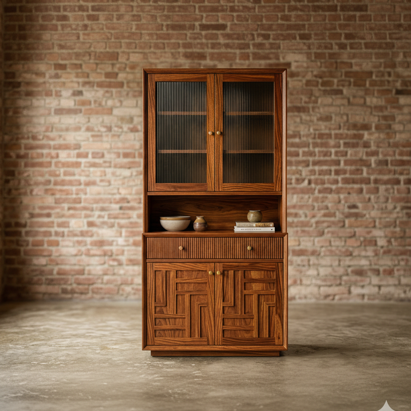 George Classic Kitchen Cabinet with Glass Cane Weave (Honey Finish)