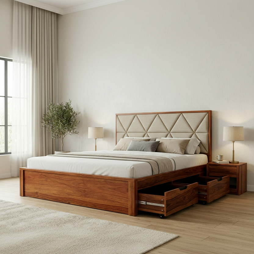 Georgia Premium Sheesham Wood Bed with Fabric Headboard