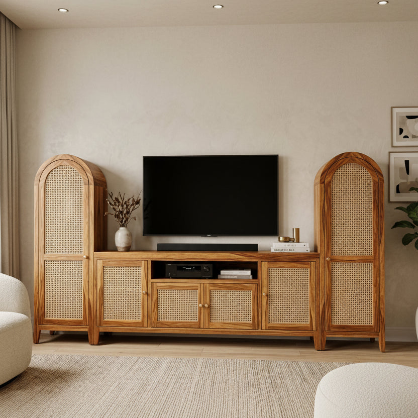 Binh Premium Solid Wood TV Unit with Cane Panel Cabinet