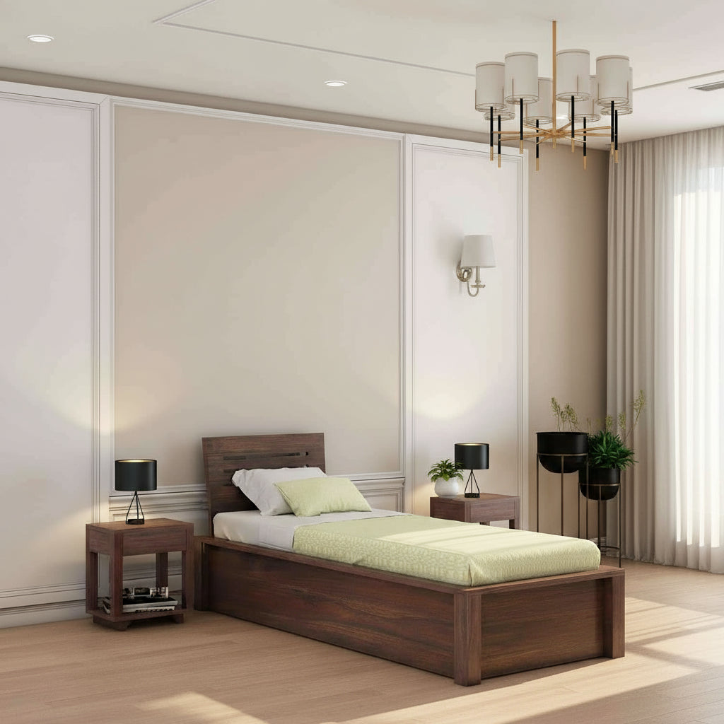 Graciela Solid Sheesham Wood Single Bed With Box Storage (Walnut Finish)