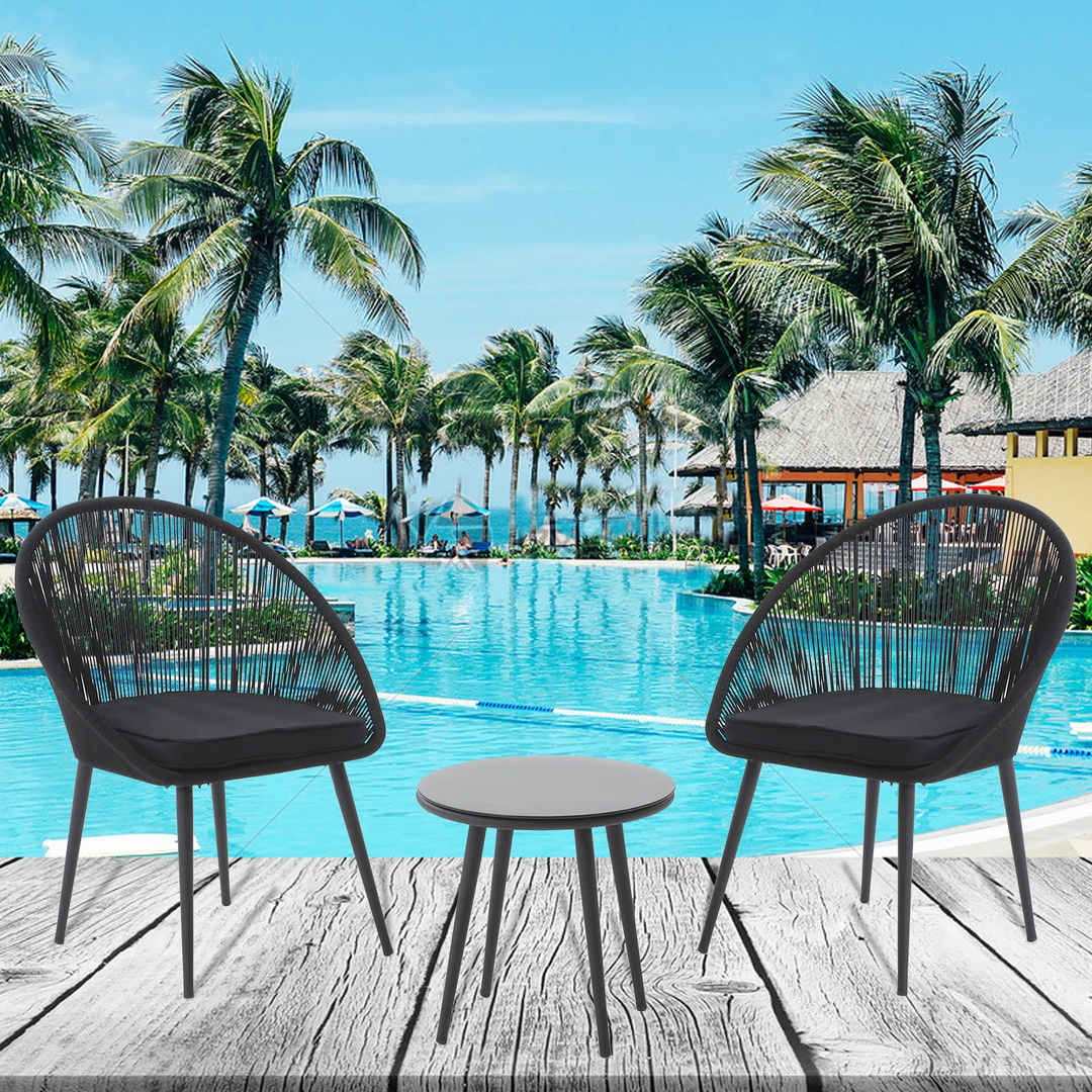 Sam Outdoor Patio Seating Set 2 Chairs and 1 Table Set (Black) Braided & Rope