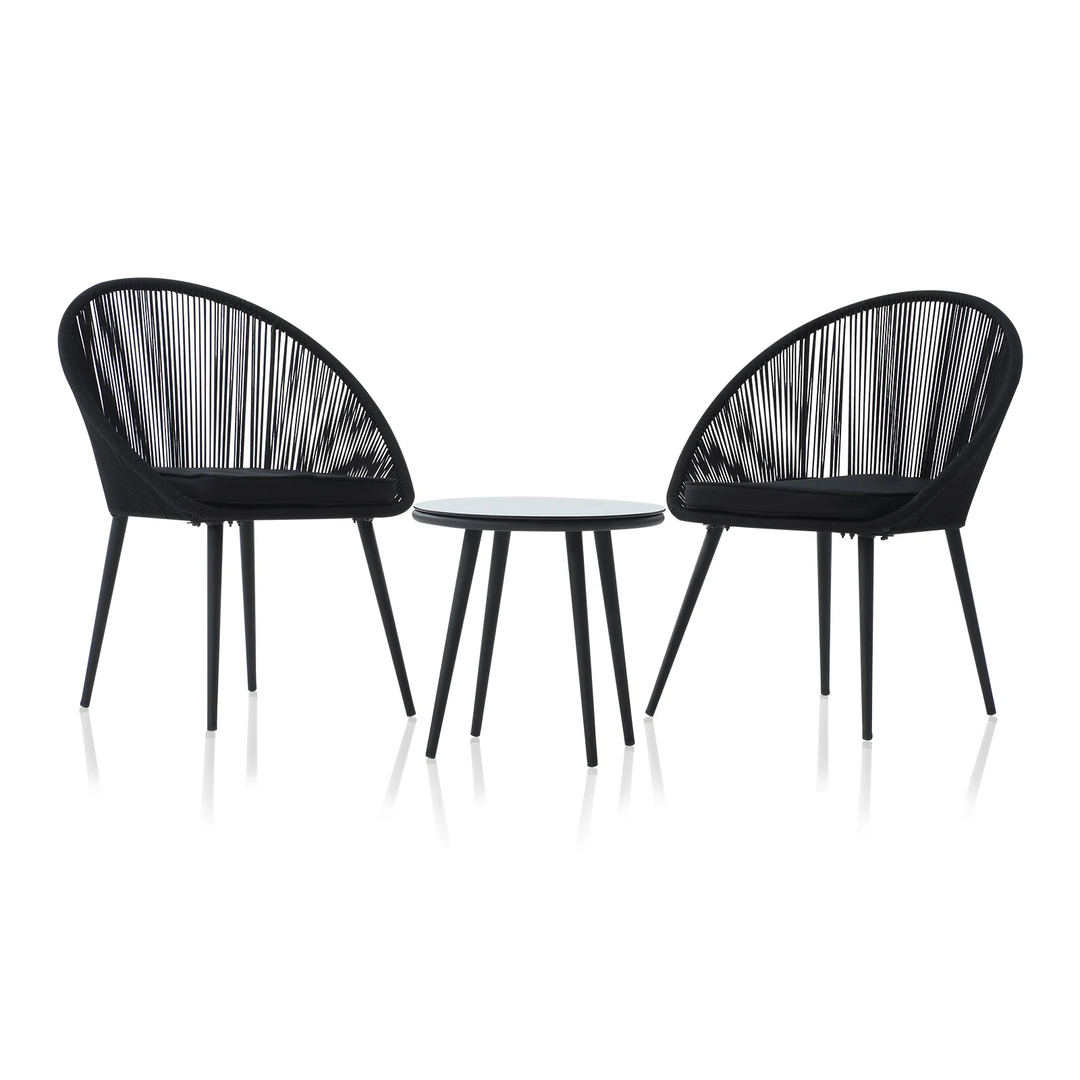 Sam Outdoor Patio Seating Set 2 Chairs and 1 Table Set (Black) Braided & Rope