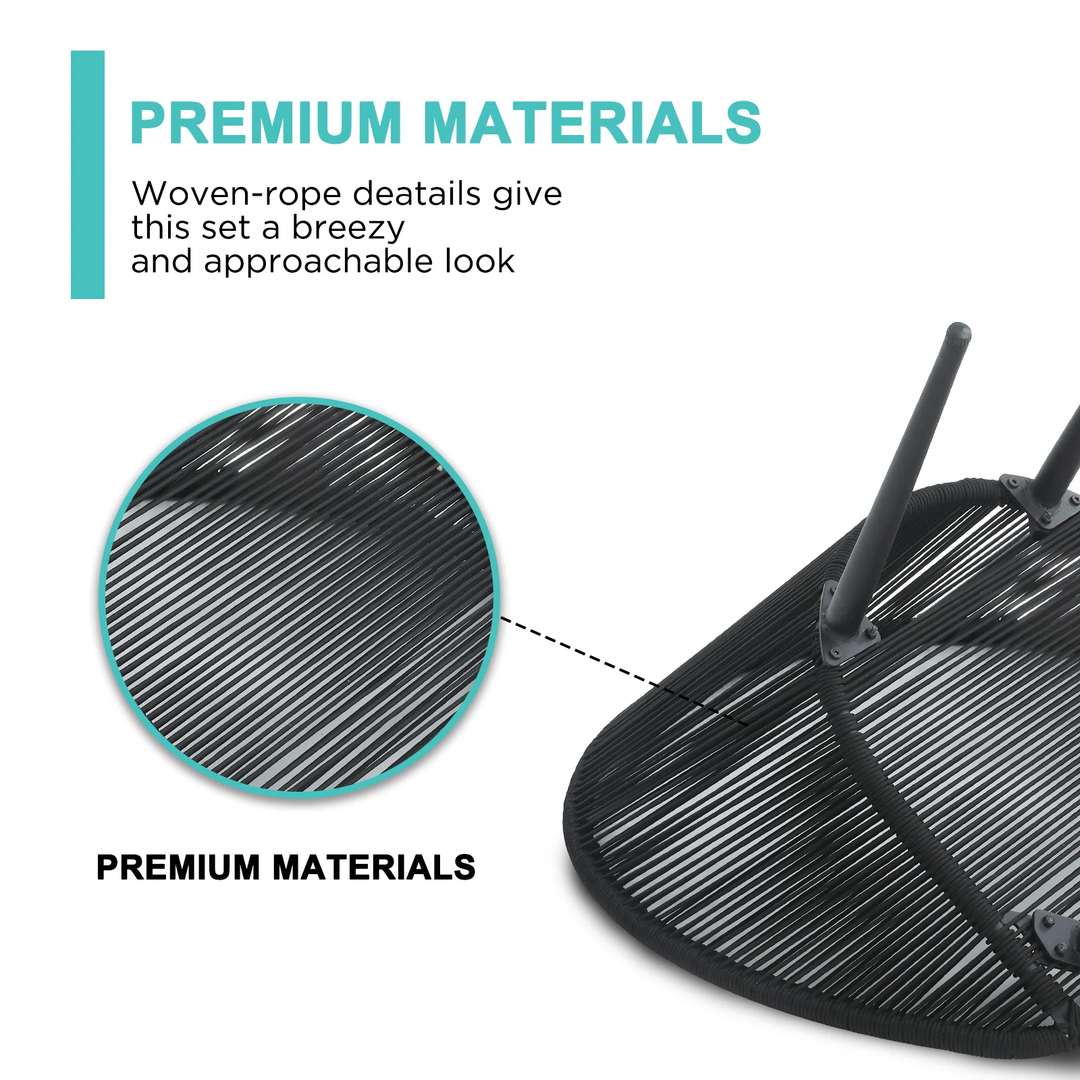 Sam Outdoor Patio Seating Set 2 Chairs and 1 Table Set (Black) Braided & Rope