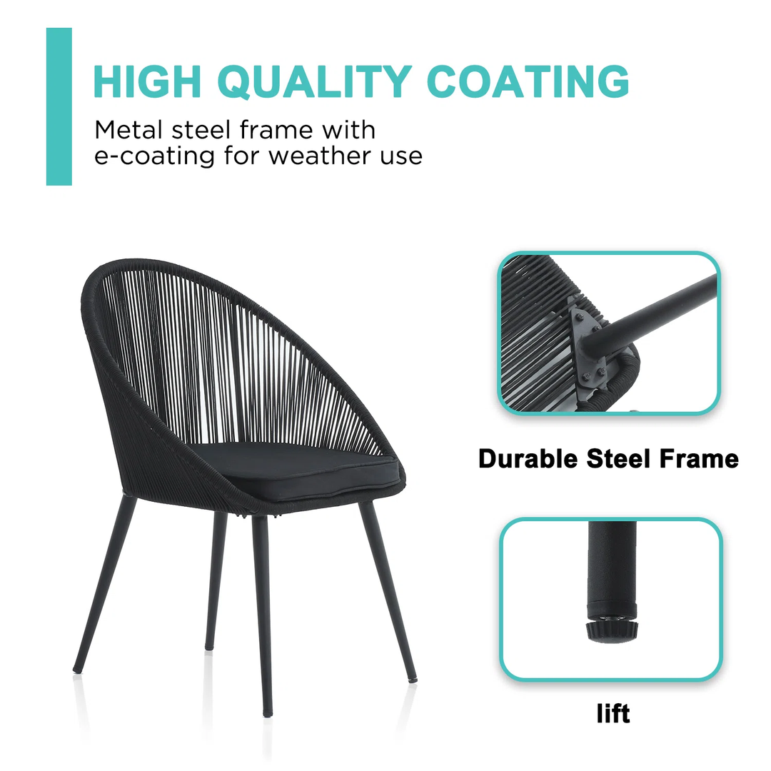 Sam Outdoor Patio Seating Set 2 Chairs and 1 Table Set (Black) Braided & Rope