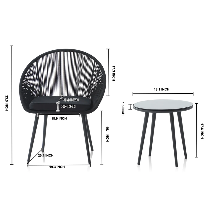 Sam Outdoor Patio Seating Set 2 Chairs and 1 Table Set (Black) Braided & Rope