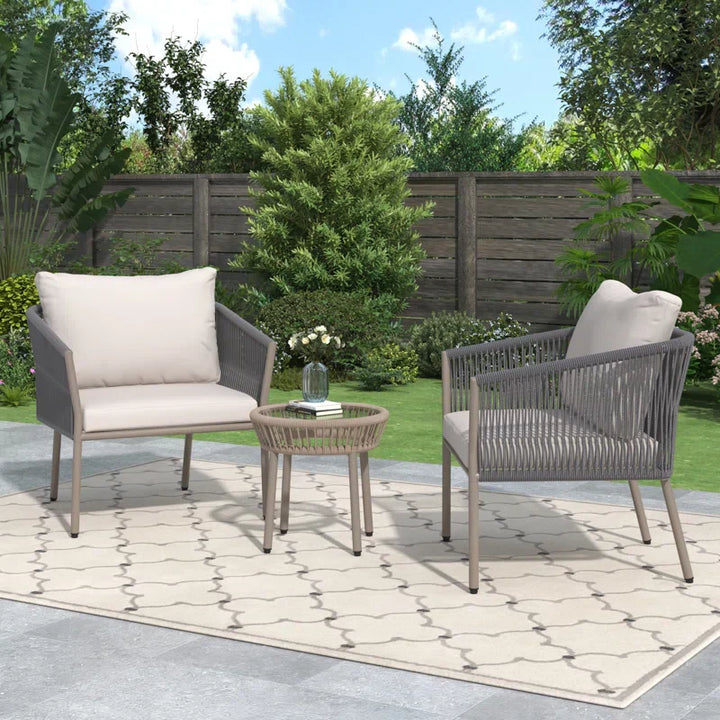 Milano Outdoor Patio Seating Set 2 Chairs and 1 Table Set (Grey) Braided & Rope