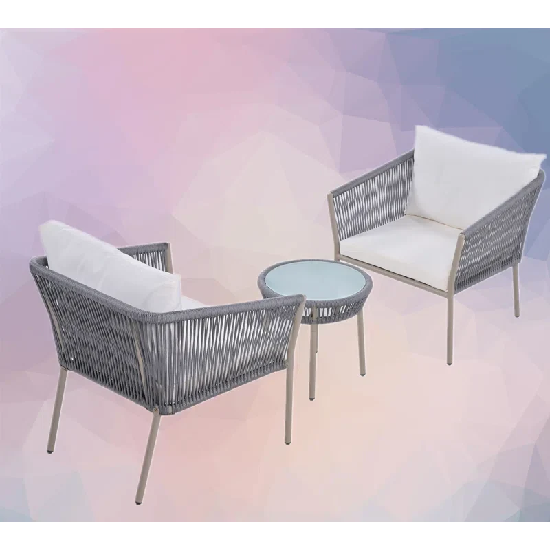 Milano Outdoor Patio Seating Set 2 Chairs and 1 Table Set (Grey) Braided & Rope