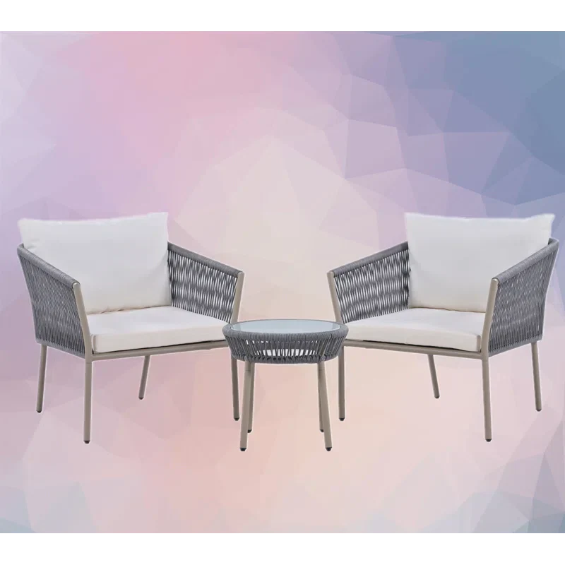 Milano Outdoor Patio Seating Set 2 Chairs and 1 Table Set (Grey) Braided & Rope