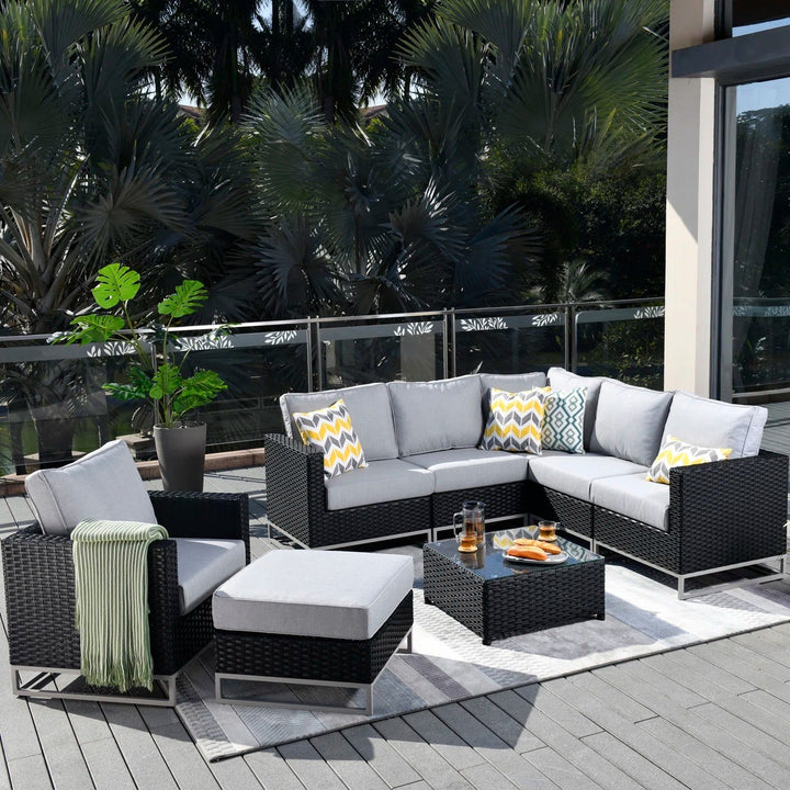 Slue Outdoor Sofa Set 5 Seater , Single seater With Ottoman and 1 Center Table Set (Black)