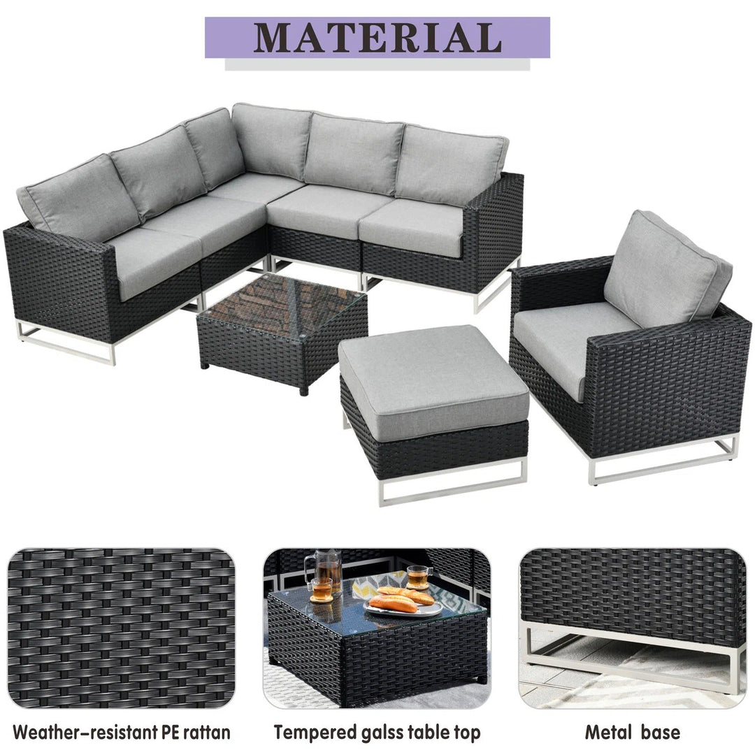 Slue Outdoor Sofa Set 5 Seater , Single seater With Ottoman and 1 Center Table Set (Black)