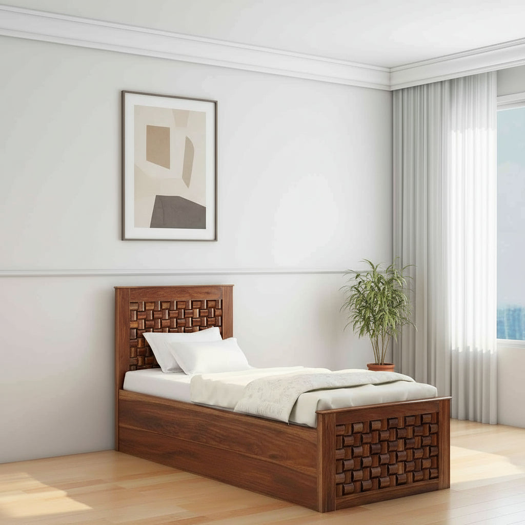 Hortensia Solid Sheesham Wood Single Bed With Box Storage (Natural Finish)