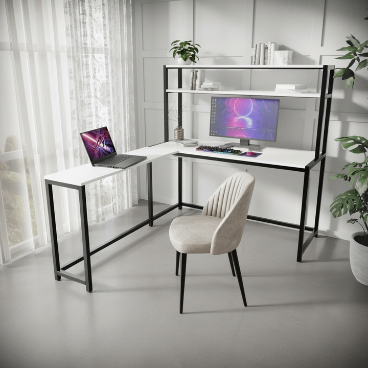 Hutch Corner Desk With Open Storage Design