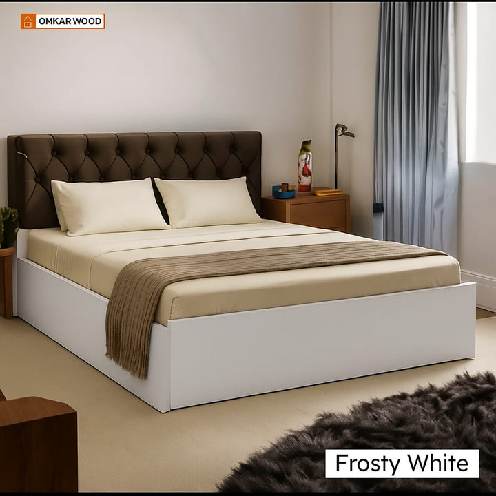 OmkarWood Premium Queen Size Bed with Cushioned Headboard & Box Storage Frosty White
