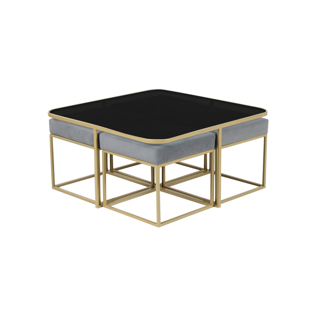 Benton Nesting Black Glass Coffee Table Set With 4 Stools In Gold Finish