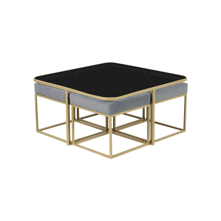 Benton Nesting Black Glass Coffee Table Set With 4 Stools In Gold Finish